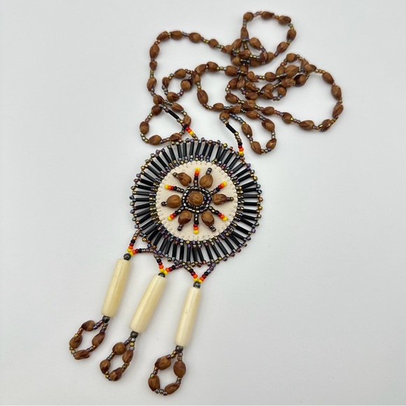Boho Beaded Leather Necklace Native Dreamcatcher Pendant Beads Flower Medallion - Picture 2 of 9